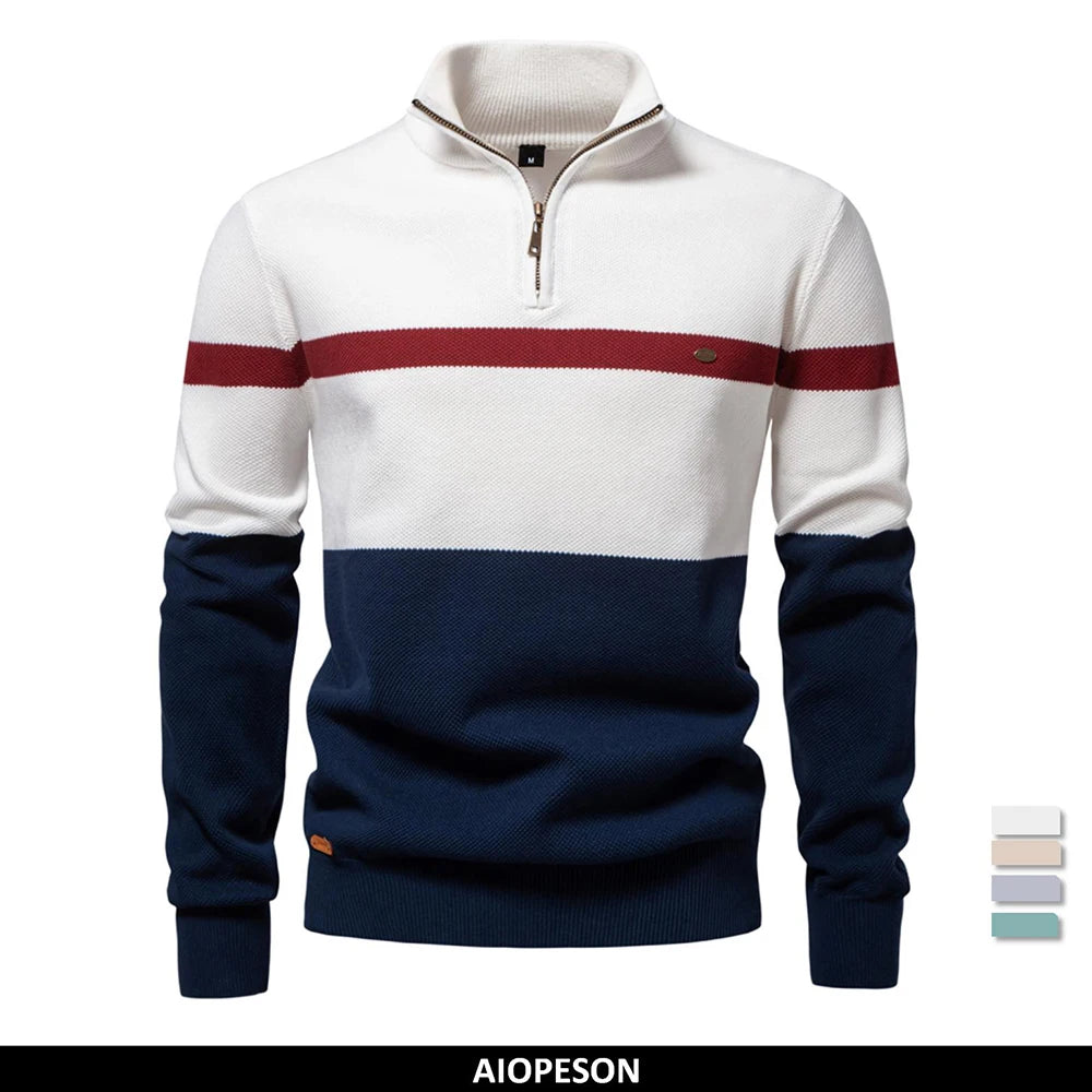 AIOPESON Brand High Quality Cotton Sweater for Men Zipper Mock Neck Pullovers Men Autumn Winter Striped Warm Mens Polo Sweater