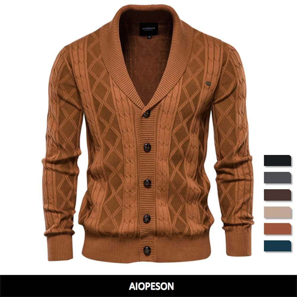 AIOPESON Cotton Argyle Cardigan Men Casual Single Breasted Solid Color Business Mens Cardigans New Winter Fashion Sweater Man
