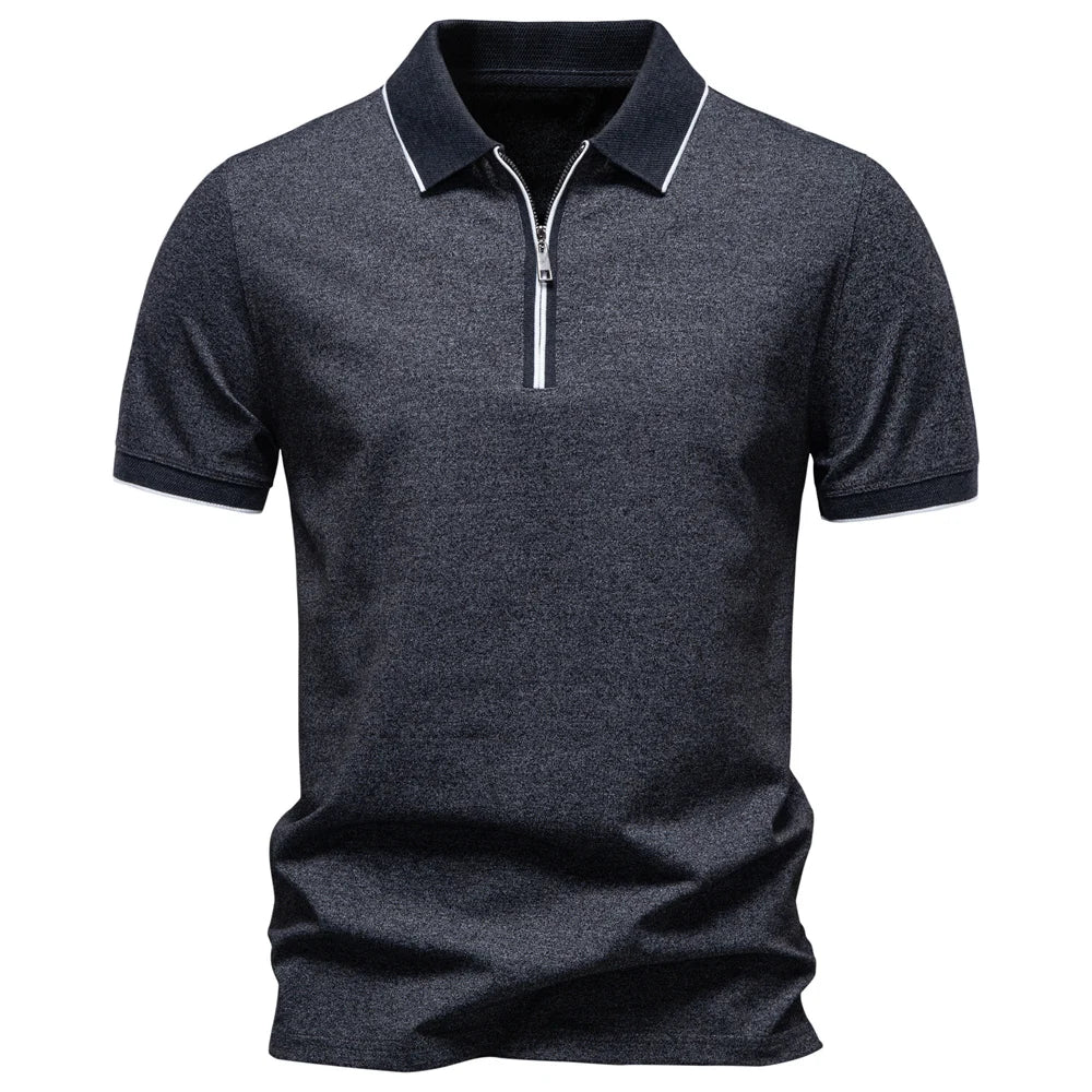 2026 Men's Polo Shirts Cotton Blend Short Sleeve Solid Color Zippered Polo Soft Breathable Lightweight Casual Polo Shirt for Men