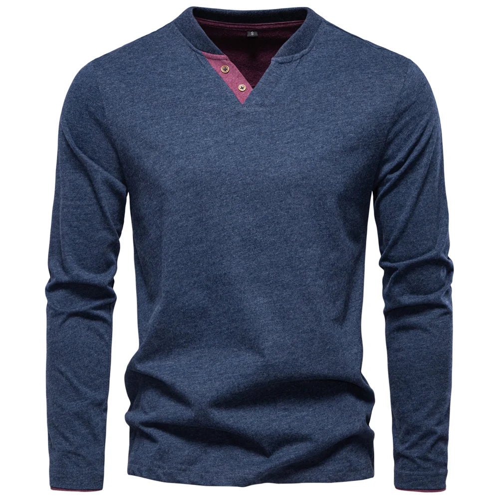 AIOPESON 100% Cotton T-shirt Men Casual Solid Color Long Sleeve Sweater Autumn Fashion High Quality Henley Collar Mens T-shirts