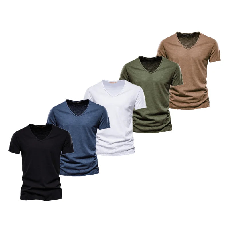 AIOPESON 5 Pcs Brand T Shirt Men Casual Solid Color Slim Fit V-neck T-shirts Men New Summer Quality 100% Cotton T Shirt for Men