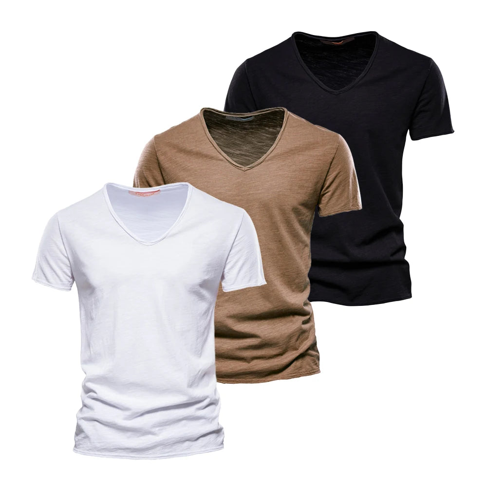 AIOPESON 3 PCS Sets 100% Cotton Men's T-Shirts Fashion Design V-neck Casual Slim Fit Basic Solid Summer T Shirt For Men