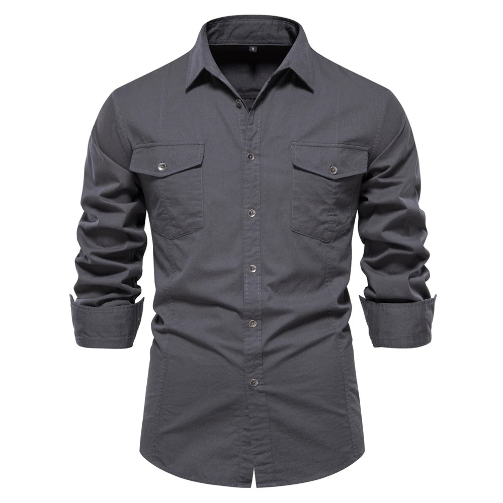 AIOPESON 2023 New Autumn Military Style 100% Cotton Pocket Shirt for Men Solid Color Slim Casual Men Shirts Long Sleeve