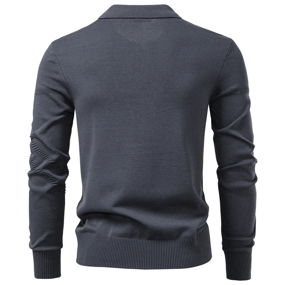 New Autumn Winter Thermal Comfort Mens Polo Shirt For Solid Stripe Long Sleeve Slim Fit Warm Social Casual Sweater for Men
