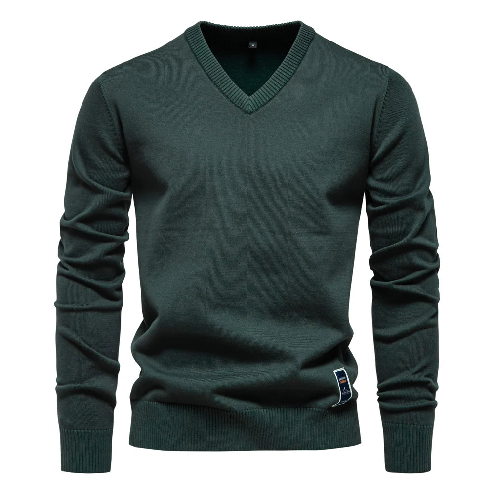 AIOPESON Mens V-neck Solid Cotton Pullover Sweaters Long Sleeve Casual Social Knitted Sweaters for Men