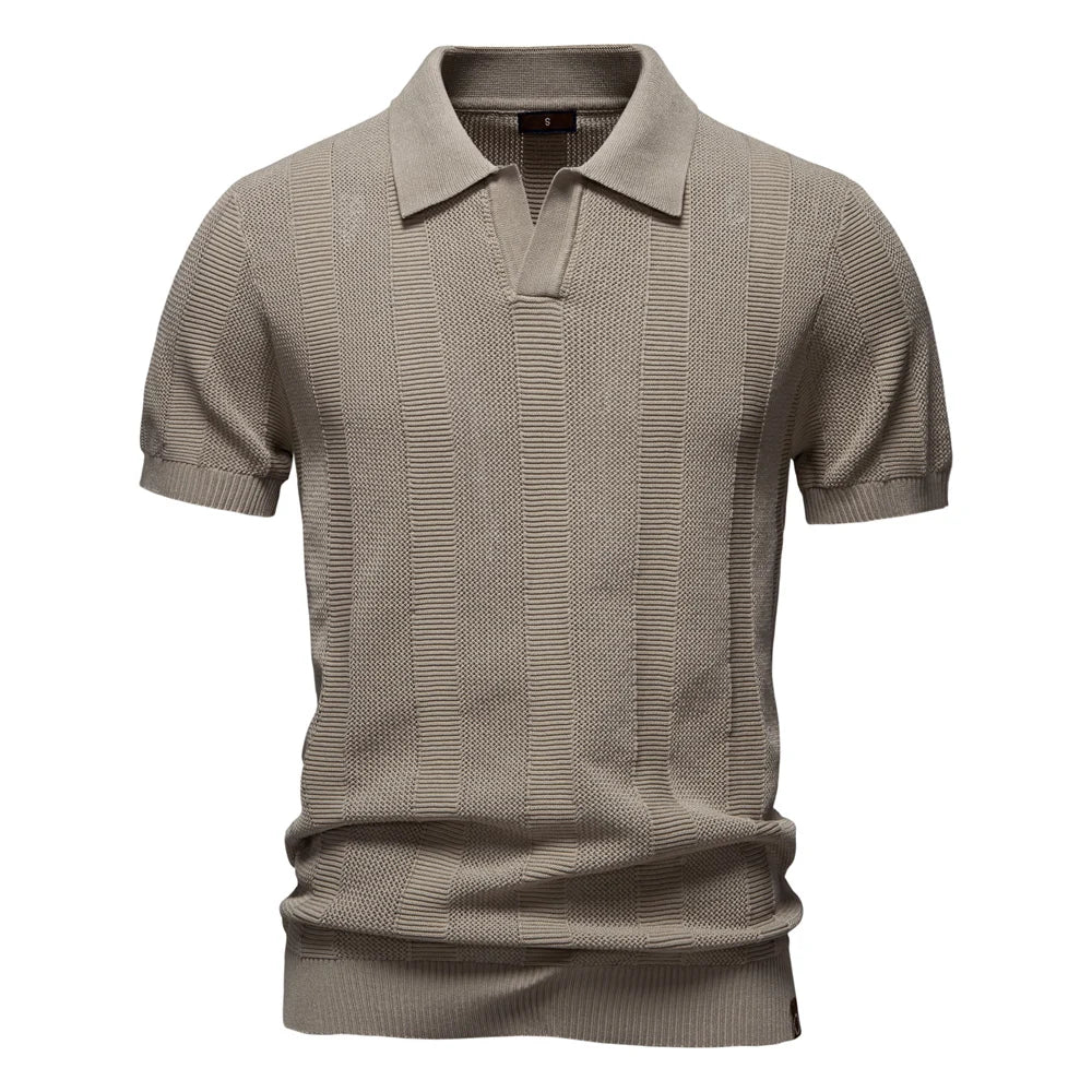 AIOPESON 2025 Men's Solid & Striped Mesh Polo Shirt - Breathable Knit Casual Top with Turn-Down Collar