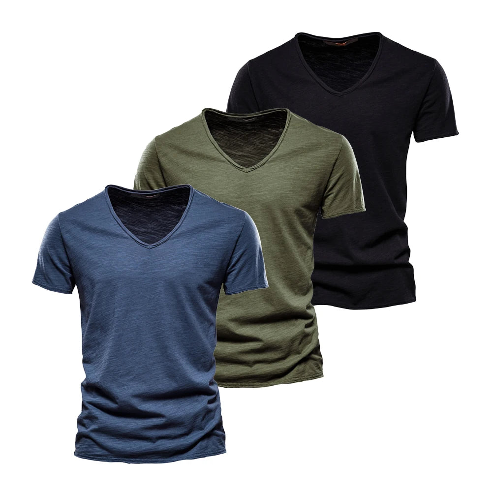 AIOPESON 3 PCS Sets 100% Cotton Men's T-Shirts Fashion Design V-neck Casual Slim Fit Basic Solid Summer T Shirt For Men