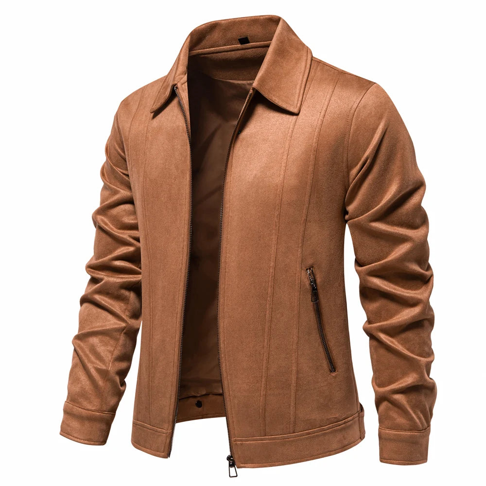 AIOPESON Mens Brown Suede Turn Down Collar Jacket Casual Business Faux Leather Trucker Jackets Coat for Men