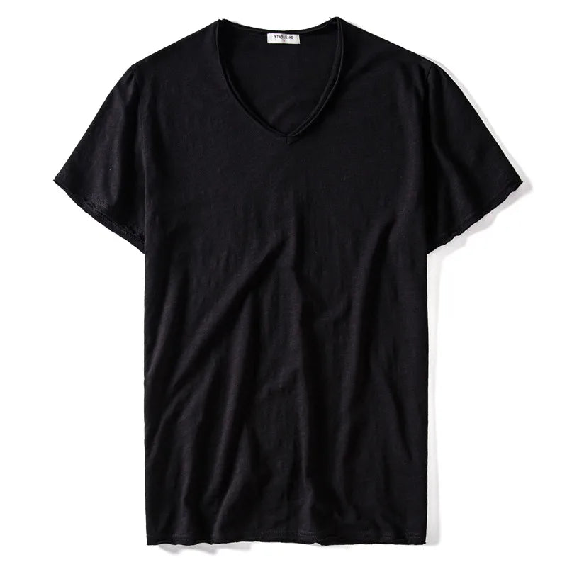 2025 New Summer V-neck T-shirt Men 100% Combed Cotton Solid Short Sleeve T Shirt Men Fitness Undershirt Male Tops Tees