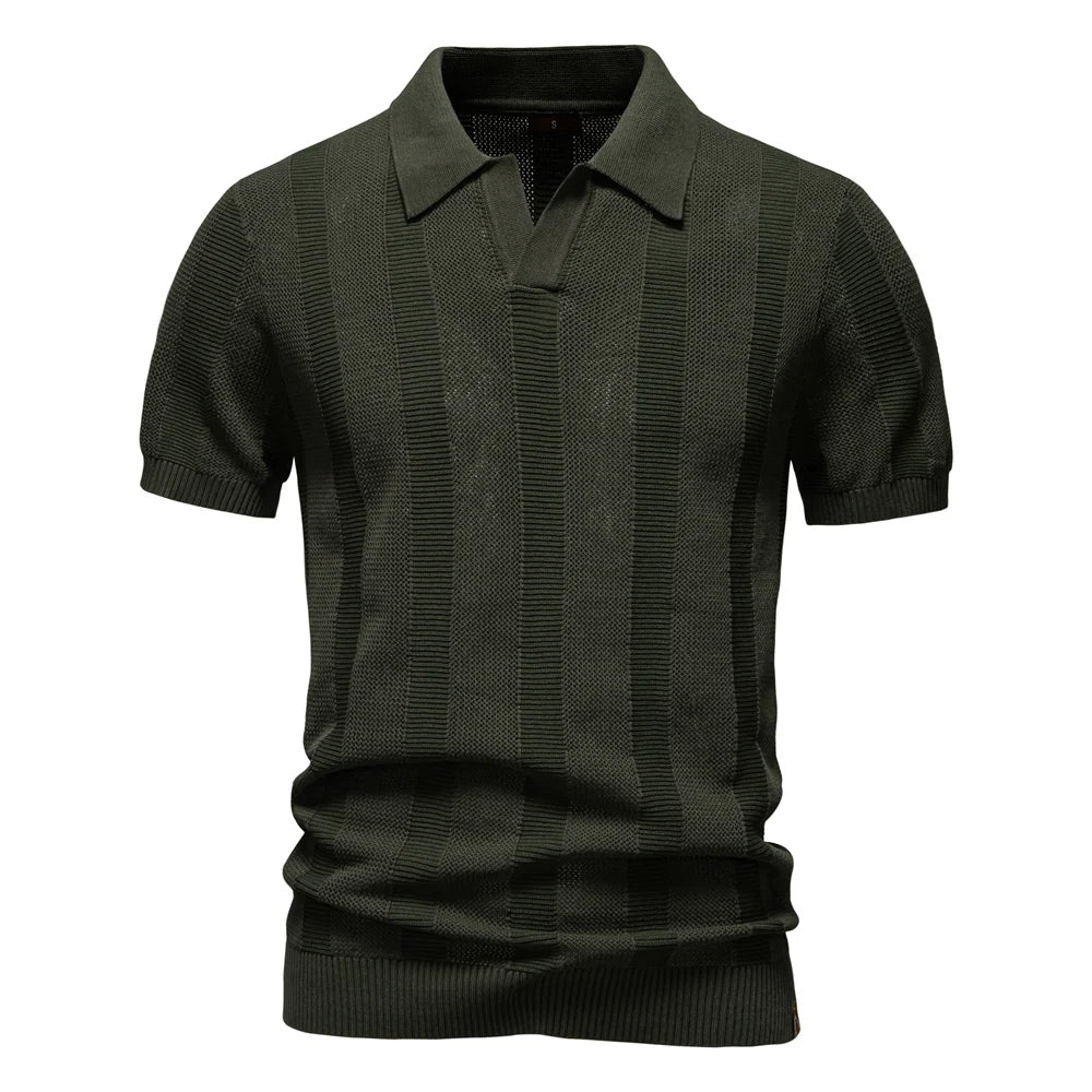 AIOPESON 2025 Men's Solid & Striped Mesh Polo Shirt - Breathable Knit Casual Top with Turn-Down Collar