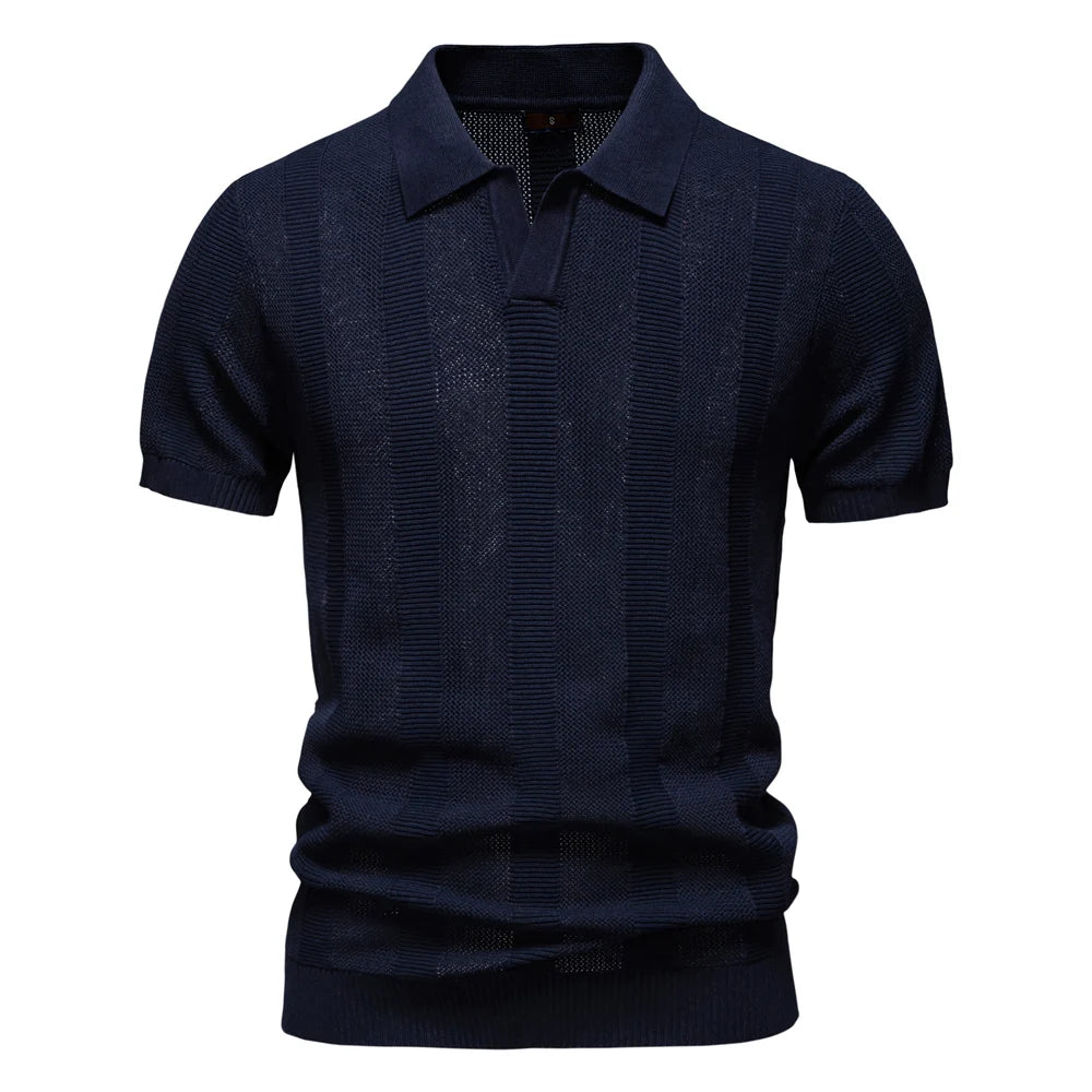 AIOPESON 2025 Men's Solid & Striped Mesh Polo Shirt - Breathable Knit Casual Top with Turn-Down Collar