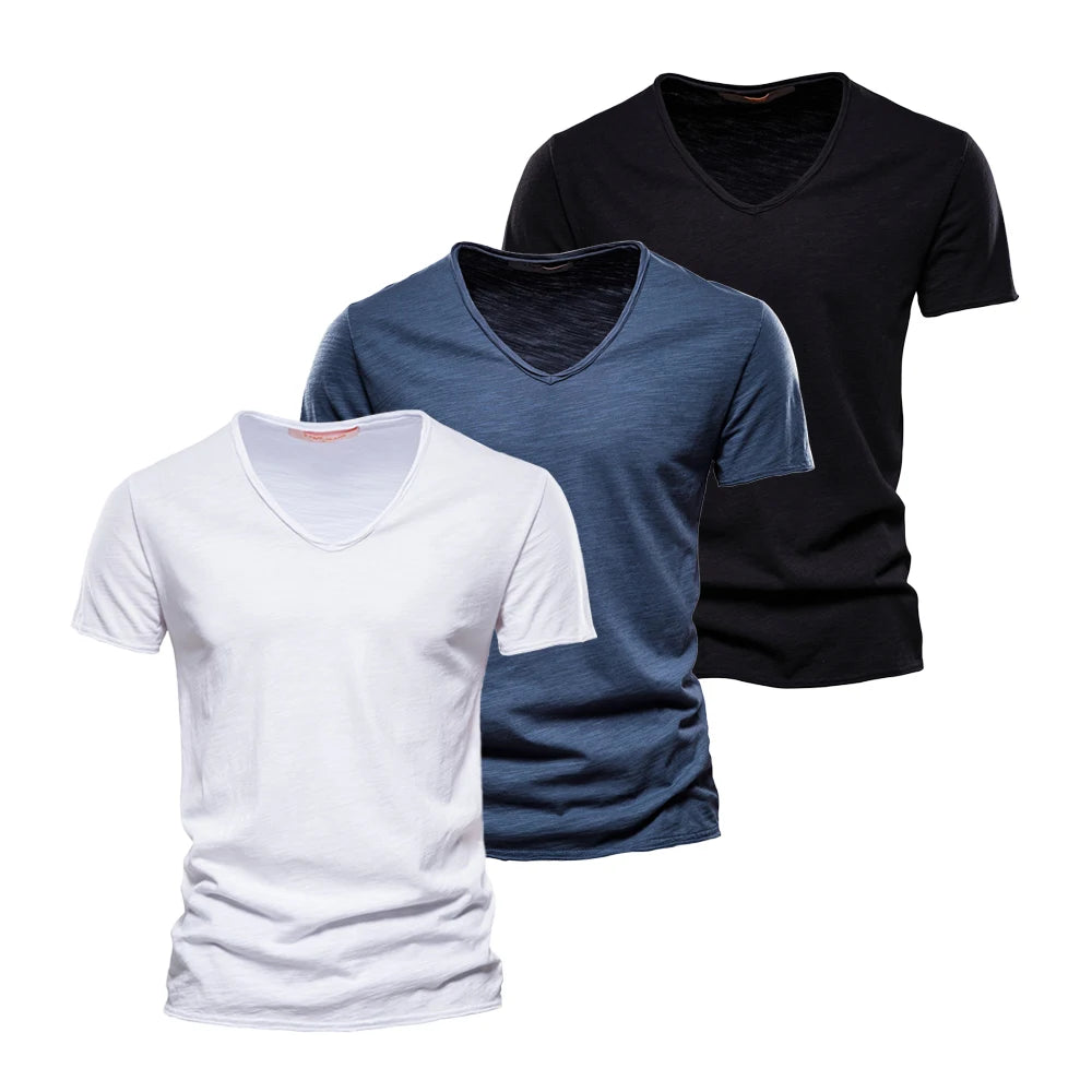 AIOPESON 3 PCS Sets 100% Cotton Men's T-Shirts Fashion Design V-neck Casual Slim Fit Basic Solid Summer T Shirt For Men