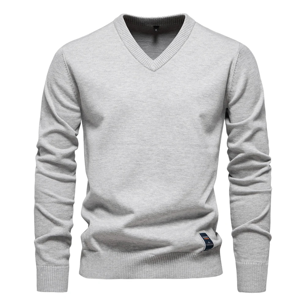 AIOPESON Mens V-neck Solid Cotton Pullover Sweaters Long Sleeve Casual Social Knitted Sweaters for Men