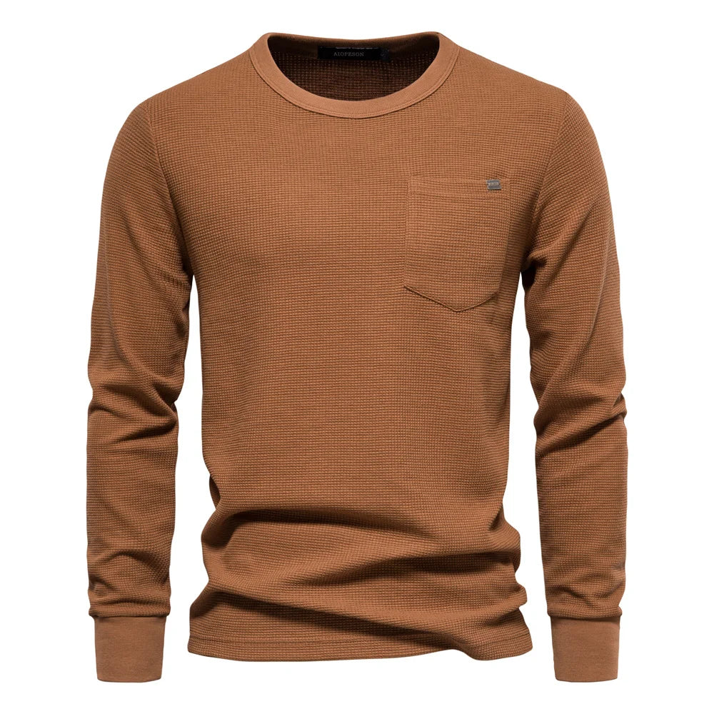 AIOPESON Waffle Cotton Solid Color T shirt for men Single Pocket Long Sleeve Men T-Shirts New Autumn Basic Breathable Tops Men