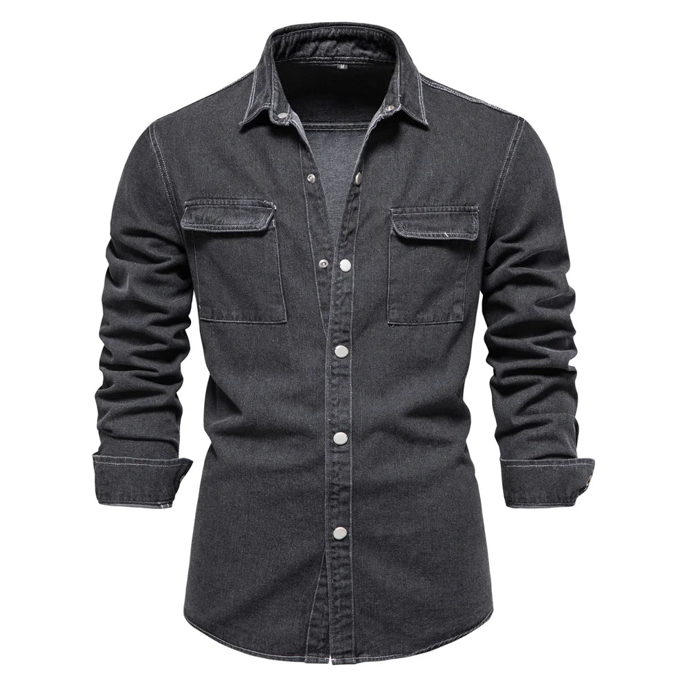 AIOPESON 100% Cotton Men Denim Shirts Solid Color Double Pocket Casual Long Sleeve Shirts for Men Autumn Thick Cowboy Shirts Men