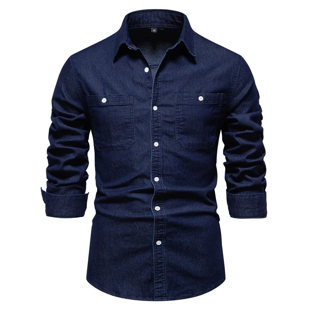 AIOPESON Autumn New Cotton Men's Denim Shirt Solid Color Single Pocket Casual Long Sleeve Shirt Autumn Jeans Shirt for Men