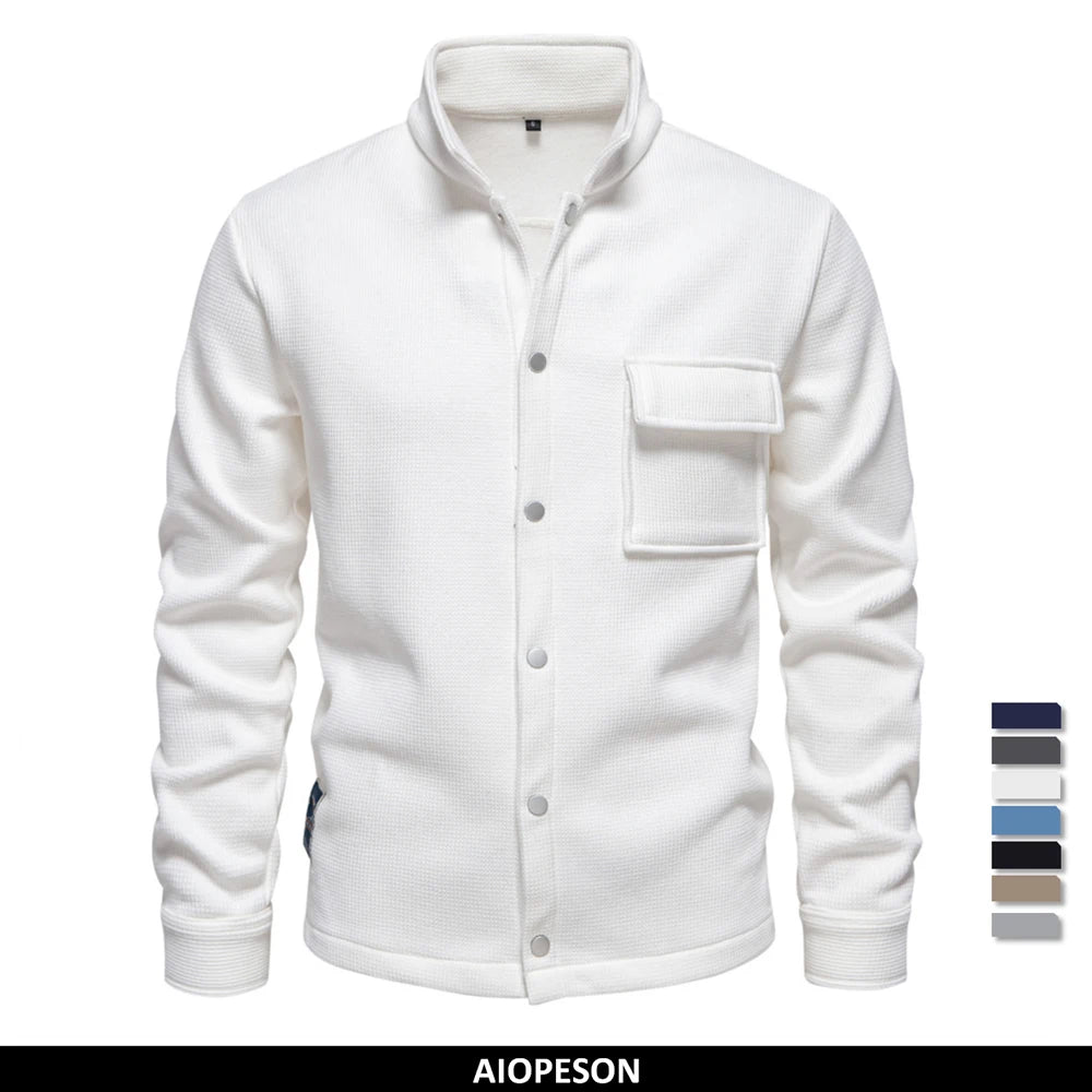 AIOPESON Mens Waffle Fleece Lined Thick Warm Jacket With Pocket Button Up Stand Collar Outwear Winter Jackets Coats for Men