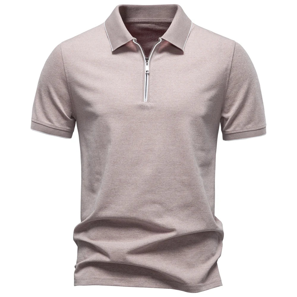 2026 Men's Polo Shirts Cotton Blend Short Sleeve Solid Color Zippered Polo Soft Breathable Lightweight Casual Polo Shirt for Men