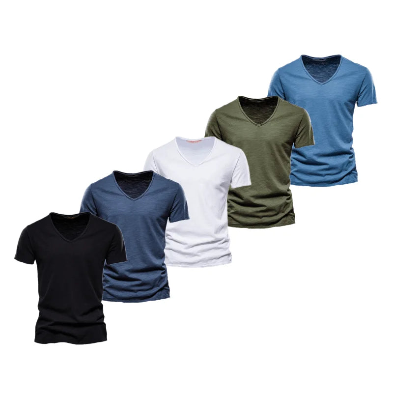 AIOPESON 5 Pcs Brand T Shirt Men Casual Solid Color Slim Fit V-neck T-shirts Men New Summer Quality 100% Cotton T Shirt for Men