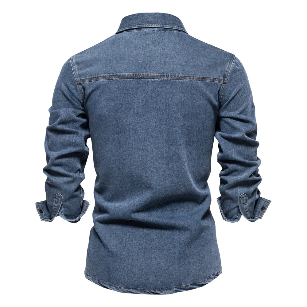 AIOPESON Brand New Mens 100% Cotton Denim Shirts Double Pocket Casual Cowboy Mens Shirts Long Sleeve Autumn Jeans Shirts for Men