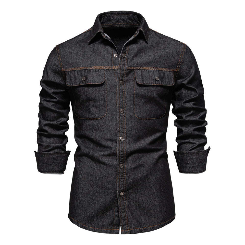 2024 AIOPESON 100% Cotton Men Denim Shirts Double Pocket Casual Cowboy Mens Shirts Long Sleeve New Autumn High Quality Shirts
