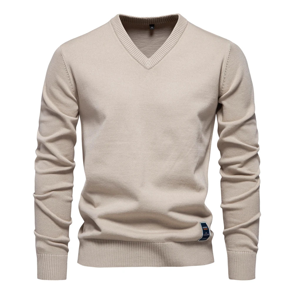 AIOPESON Mens V-neck Solid Cotton Pullover Sweaters Long Sleeve Casual Social Knitted Sweaters for Men