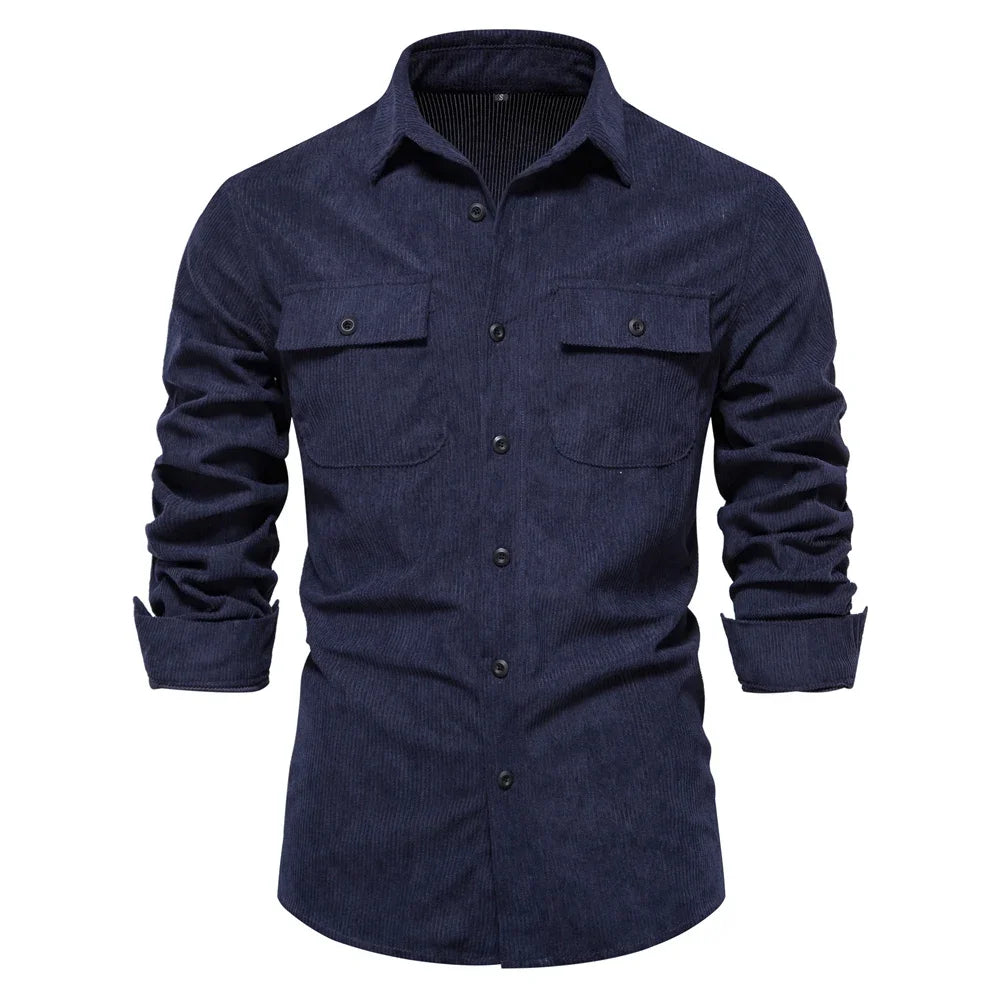 AIOPESON 2023 New Solid Color Shirt Corduroy Shirt for Men Business Casual Pocket Men's Shirt Thicken Autumn Men Shirt