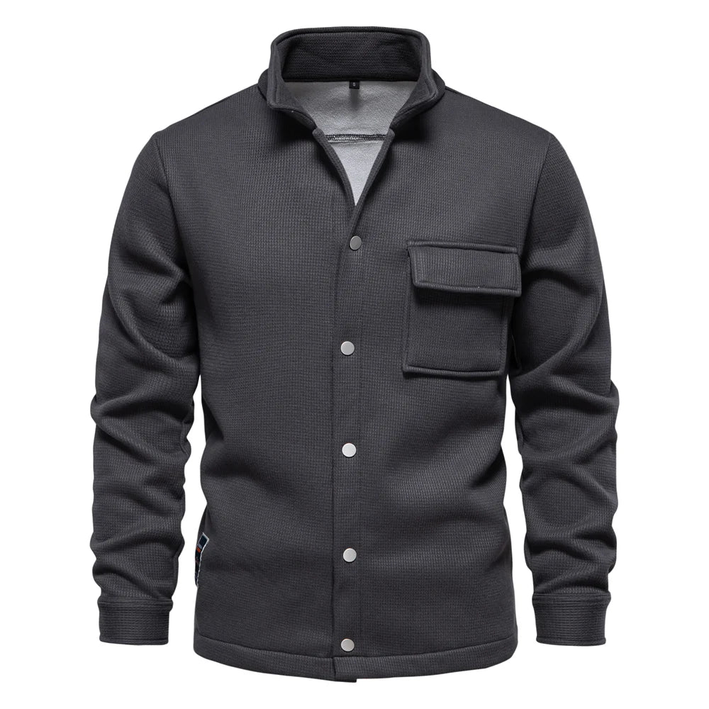 AIOPESON Mens Waffle Fleece Lined Thick Warm Jacket With Pocket Button Up Stand Collar Outwear Winter Jackets Coats for Men