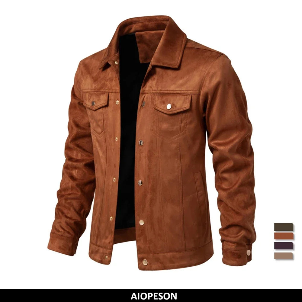 2023 New Autumn Winter Suede Leather Jacket Men Fashion Luxury Casual Turn Down Collar Men's Jacket