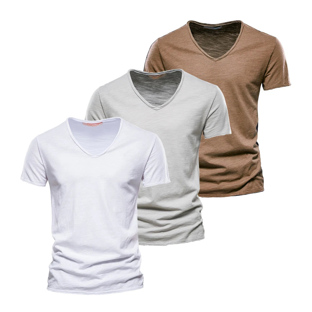 AIOPESON 3 PCS Sets 100% Cotton Men's T-Shirts Fashion Design V-neck Casual Slim Fit Basic Solid Summer T Shirt For Men