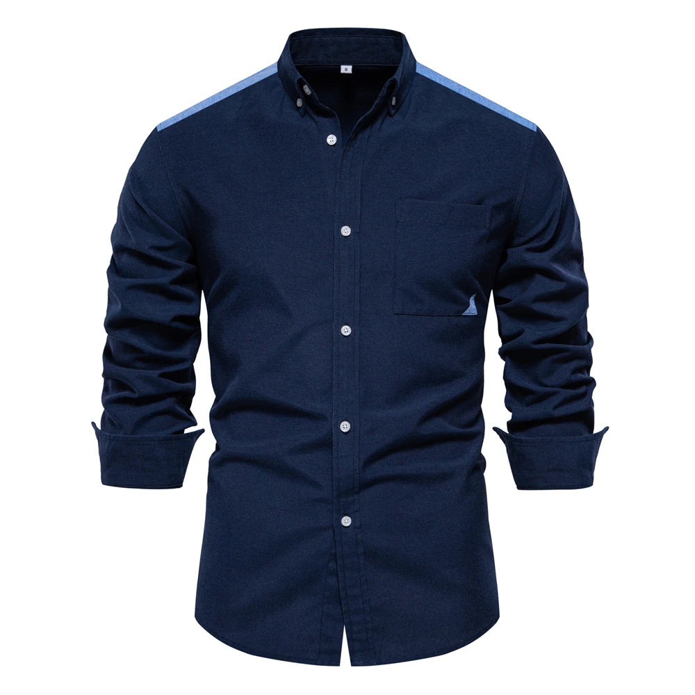 2024 New Spring Patchwork Oxford Shirt for Men Casual Wear Cotton Blend Pocket Mens Shirts