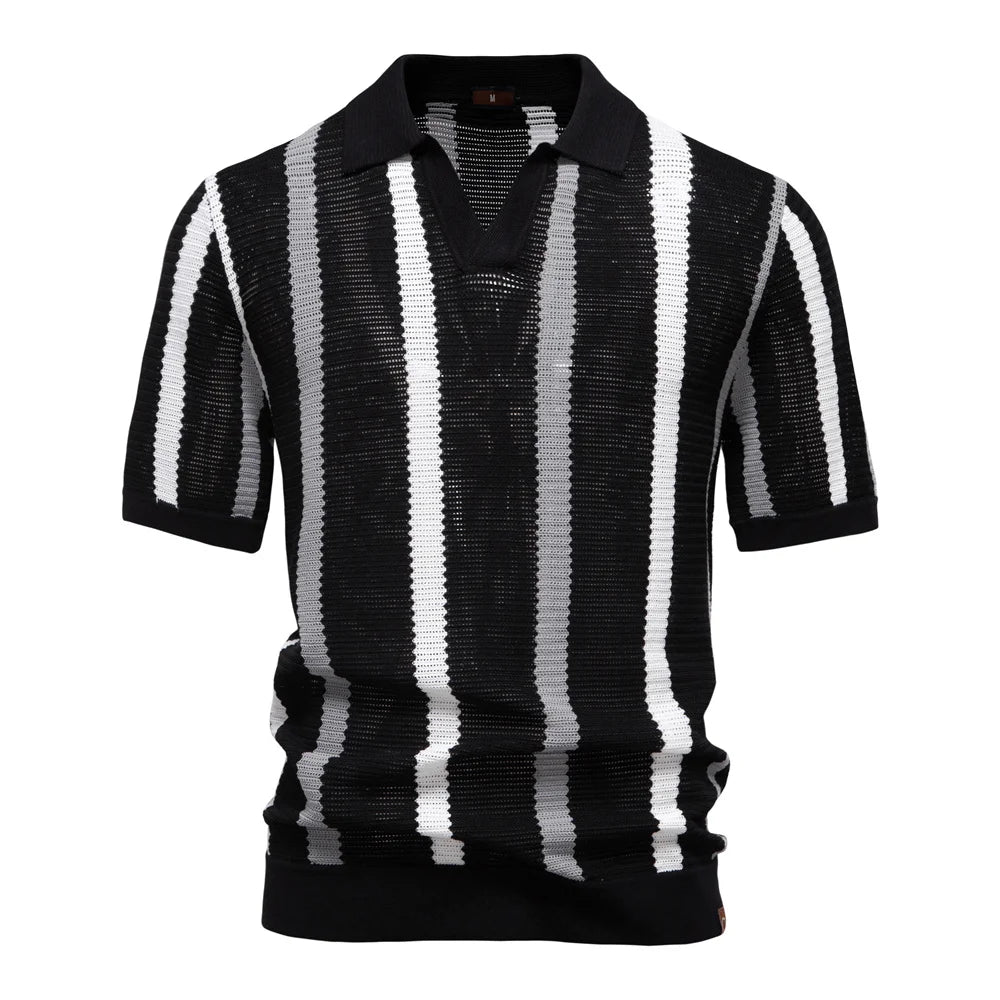 AIOPESON Men's Ribbed Knit Polo Shirt For Breathable Striped Casual Wear with Comfortable Collar High quality Male Polo Shirt