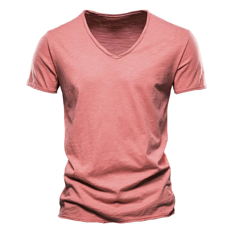 Brand Quality 100% Cotton Men T-shirt V-neck Fashion Design Slim Fit Soild T-shirts Male Tops Tees Short Sleeve T Shirt For Men