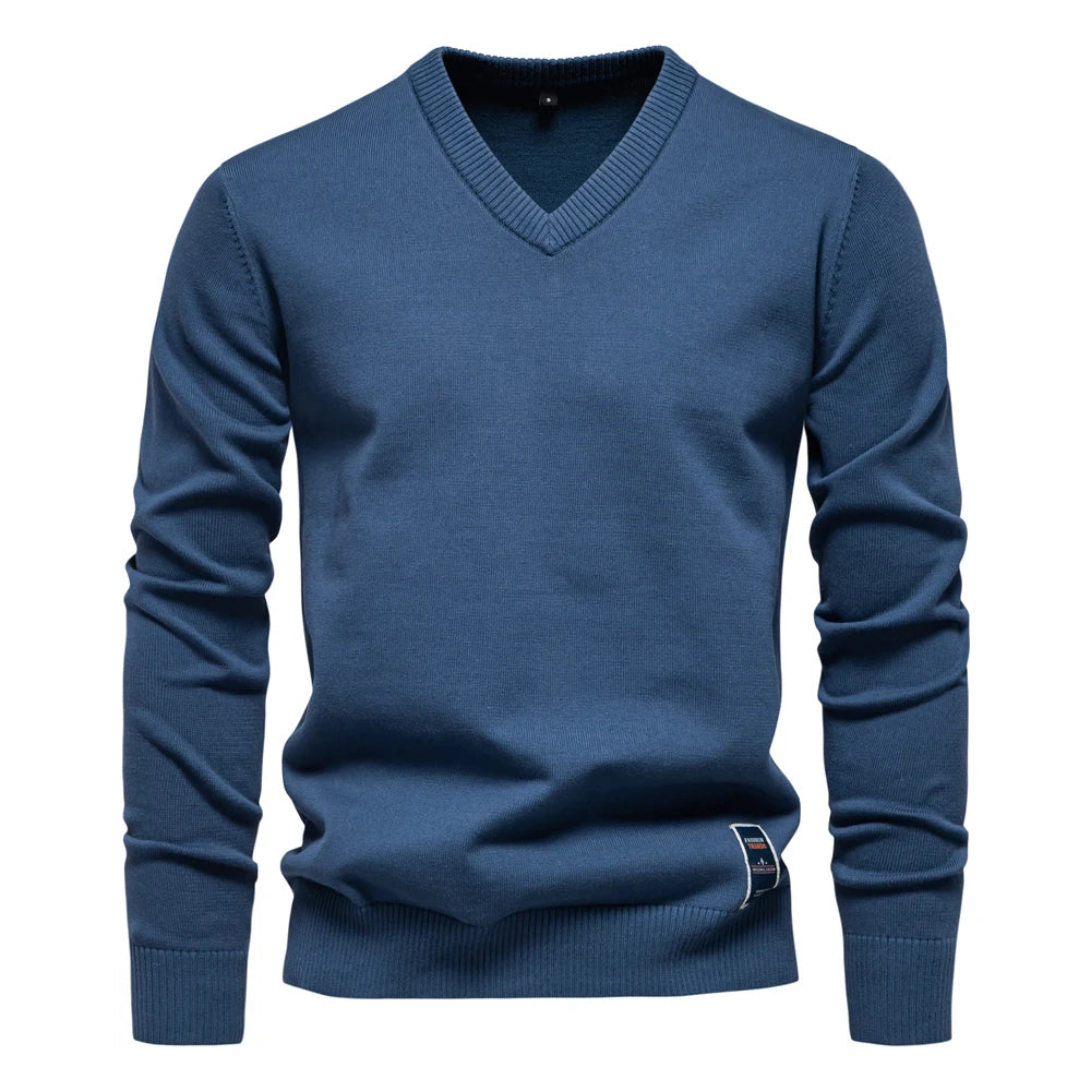 AIOPESON Mens V-neck Solid Cotton Pullover Sweaters Long Sleeve Casual Social Knitted Sweaters for Men