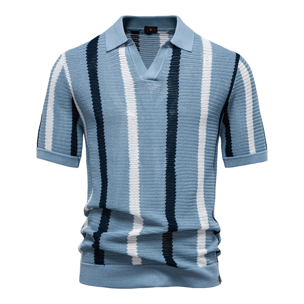 AIOPESON Men's Ribbed Knit Polo Shirt For Breathable Striped Casual Wear with Comfortable Collar High quality Male Polo Shirt