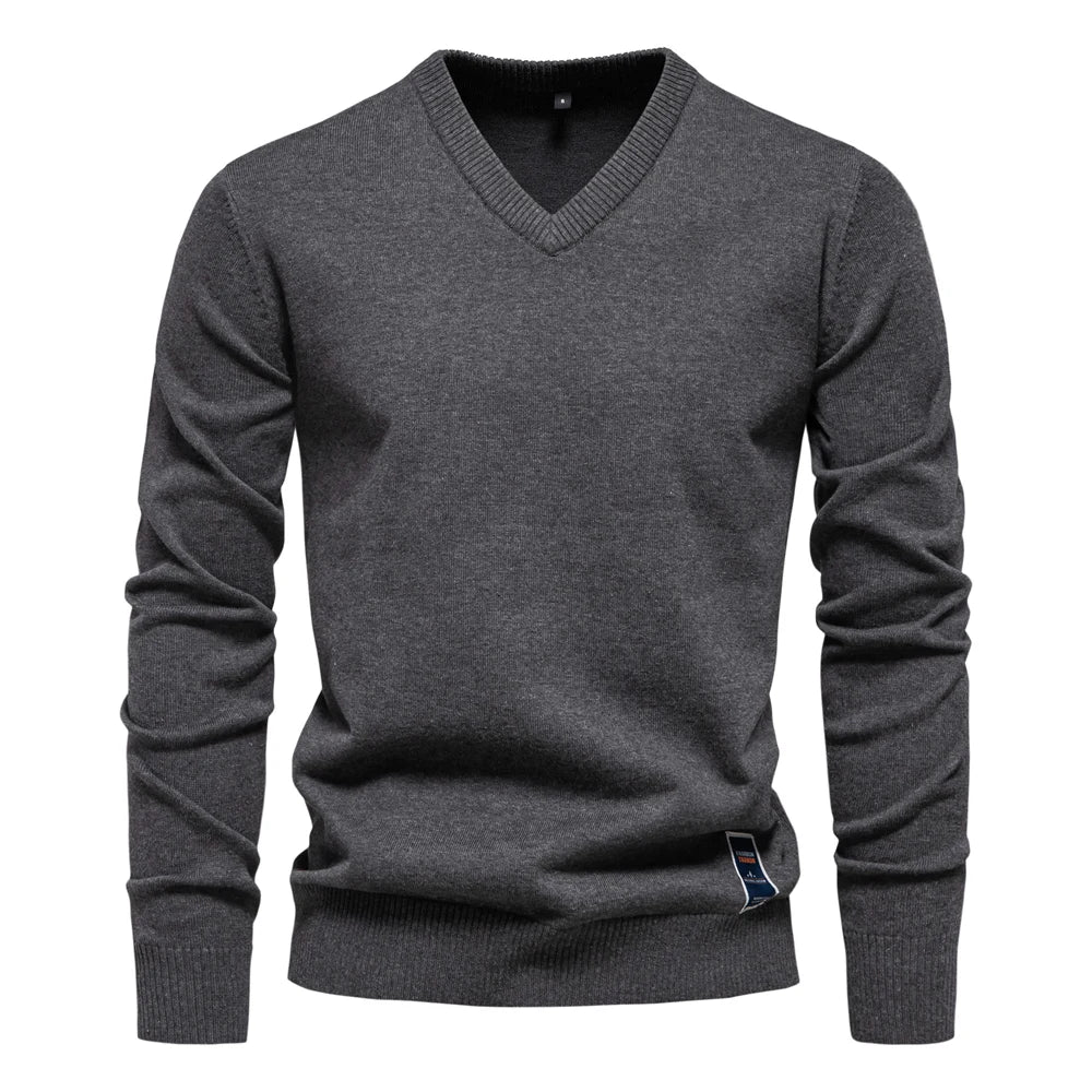AIOPESON Mens V-neck Solid Cotton Pullover Sweaters Long Sleeve Casual Social Knitted Sweaters for Men