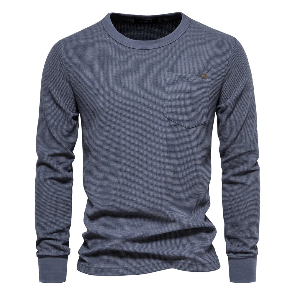 Men's Waffle Cotton Long Sleeve T-Shirt - Solid Color Single Pocket Design, Autumn Basic Breathable Top for Casual Outfits