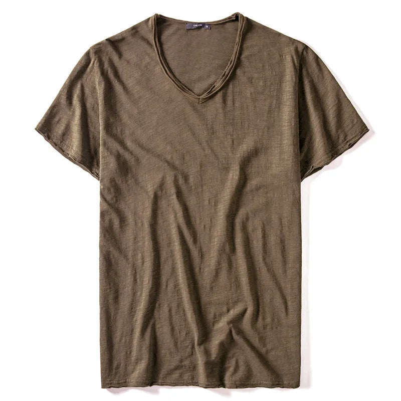 2025 New Summer V-neck T-shirt Men 100% Combed Cotton Solid Short Sleeve T Shirt Men Fitness Undershirt Male Tops Tees