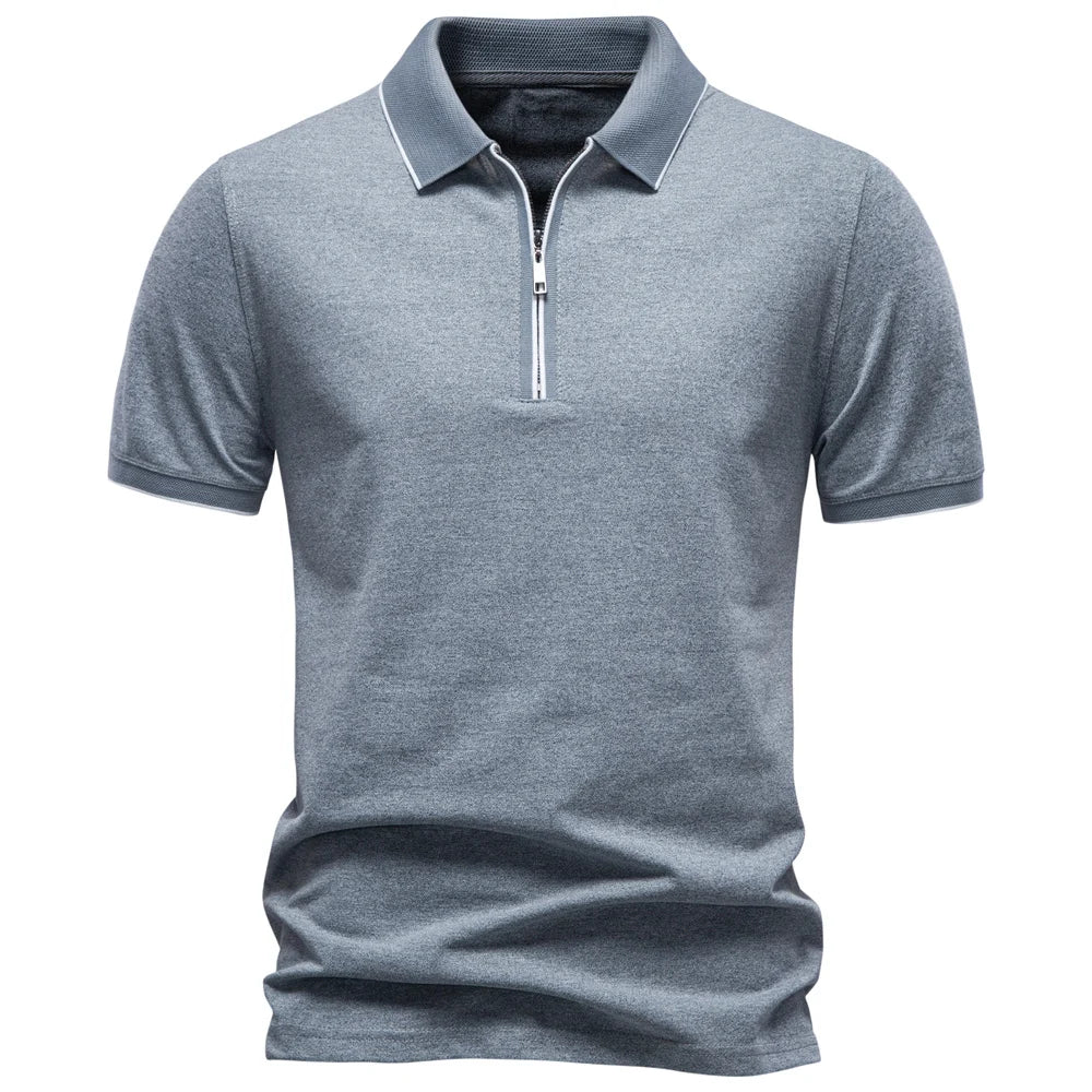 2026 Men's Polo Shirts Cotton Blend Short Sleeve Solid Color Zippered Polo Soft Breathable Lightweight Casual Polo Shirt for Men