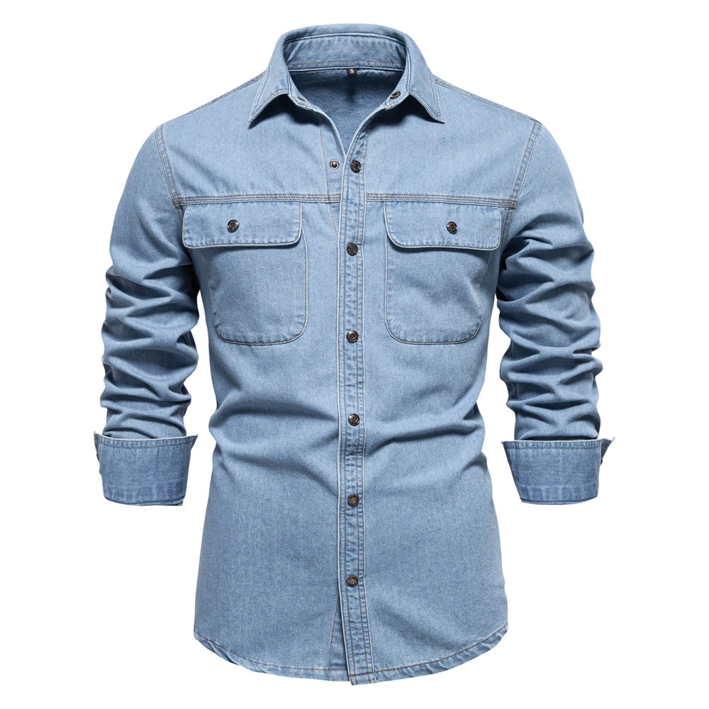 AIOPESON Brand New Mens 100% Cotton Denim Shirts Double Pocket Casual Cowboy Mens Shirts Long Sleeve Autumn Jeans Shirts for Men