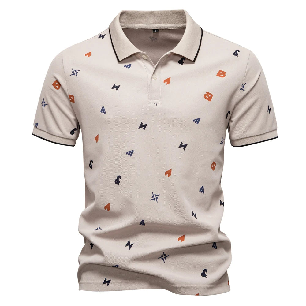 ‌Aiopeson 2025 Summer New Men's Solid Color Polo Shirt with Printed Turn-Down Collar Casual Slim Fit Breathable Comfortable Top‌