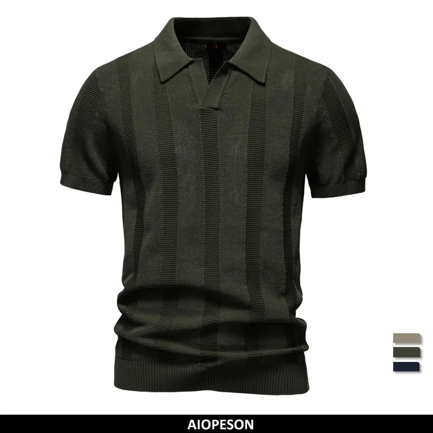 AIOPESON 2025 Men's Solid & Striped Mesh Polo Shirt - Breathable Knit Casual Top with Turn-Down Collar