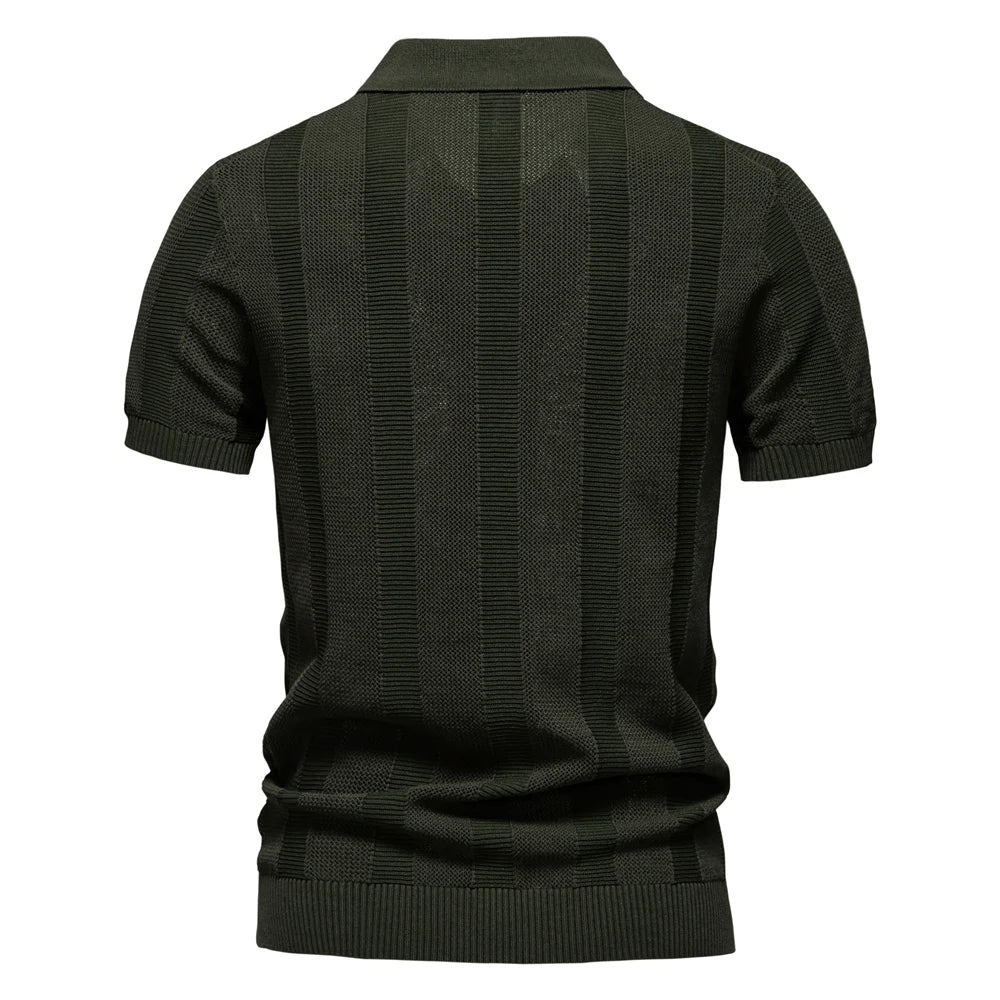 AIOPESON 2025 Men's Solid & Striped Mesh Polo Shirt - Breathable Knit Casual Top with Turn-Down Collar