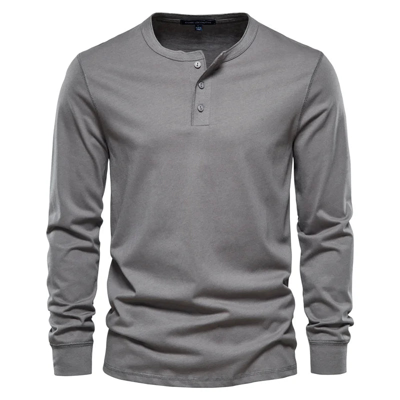 AIOPESON Men's Long Sleeve Button Down T-Shirts Autumn Henley Collar Casual High Quality 100% Cotton Crew Neck Mens T Shirts