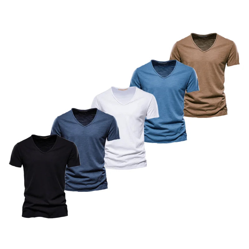 AIOPESON 5 Pcs Brand T Shirt Men Casual Solid Color Slim Fit V-neck T-shirts Men New Summer Quality 100% Cotton T Shirt for Men