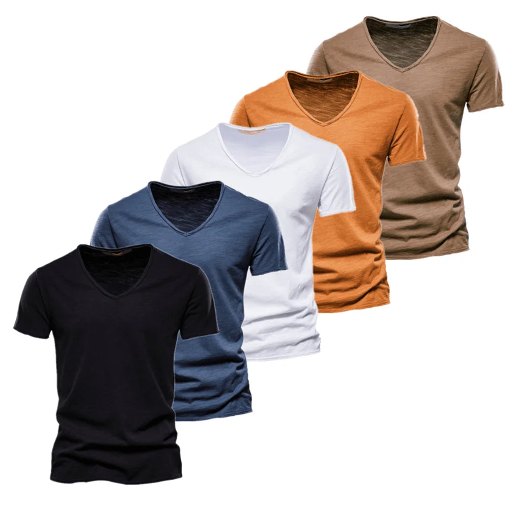 AIOPESON 5 Pcs Brand T Shirt Men Casual Solid Color Slim Fit V-neck T-shirts Men New Summer Quality 100% Cotton T Shirt for Men