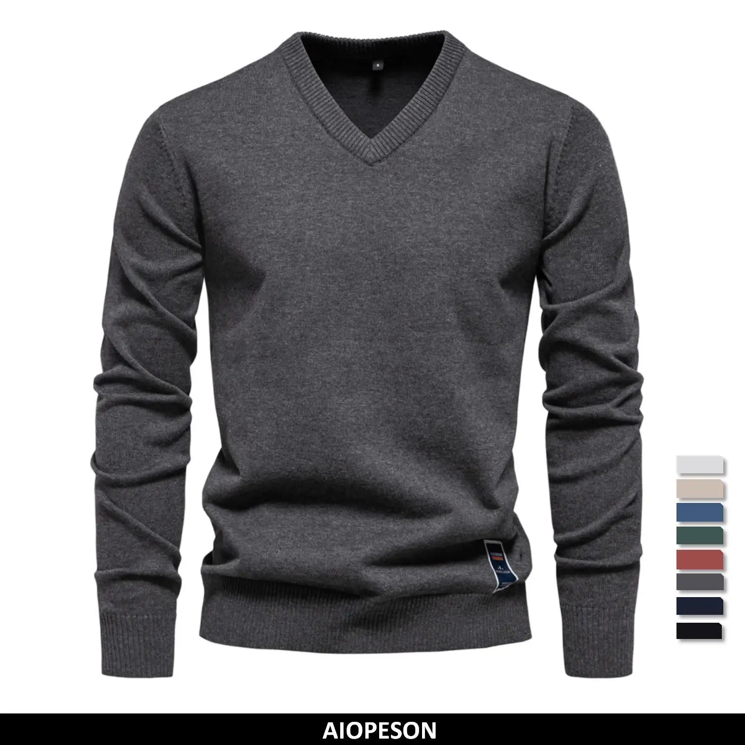 AIOPESON Mens V-neck Solid Cotton Pullover Sweaters Long Sleeve Casual Social Knitted Sweaters for Men