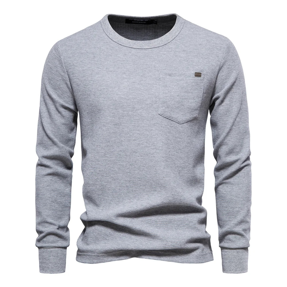 Men's Waffle Cotton Long Sleeve T-Shirt - Solid Color Single Pocket Design, Autumn Basic Breathable Top for Casual Outfits