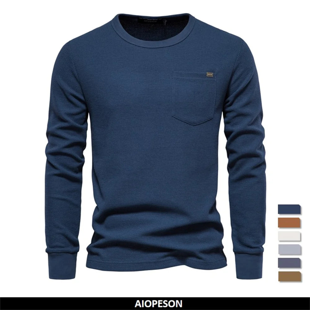 AIOPESON Waffle Cotton Solid Color T shirt for men Single Pocket Long Sleeve Men T-Shirts New Autumn Basic Breathable Tops Men