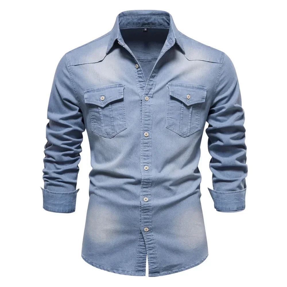 AIOPESON Autumn New Cotton Men's Denim Shirt Solid Color Single Pocket Casual Long Sleeve Shirt Autumn Jeans Shirt for Men